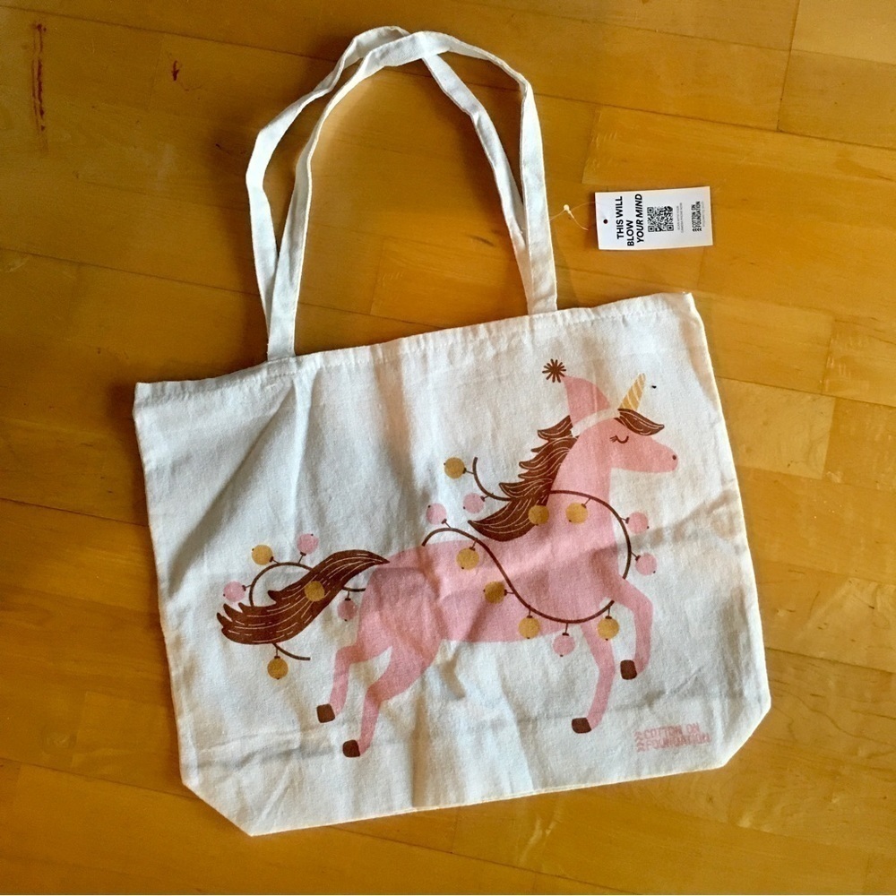 Festive Unicorn Tote Bag, Cotton, Neutral, Cream, Ivory, Pink